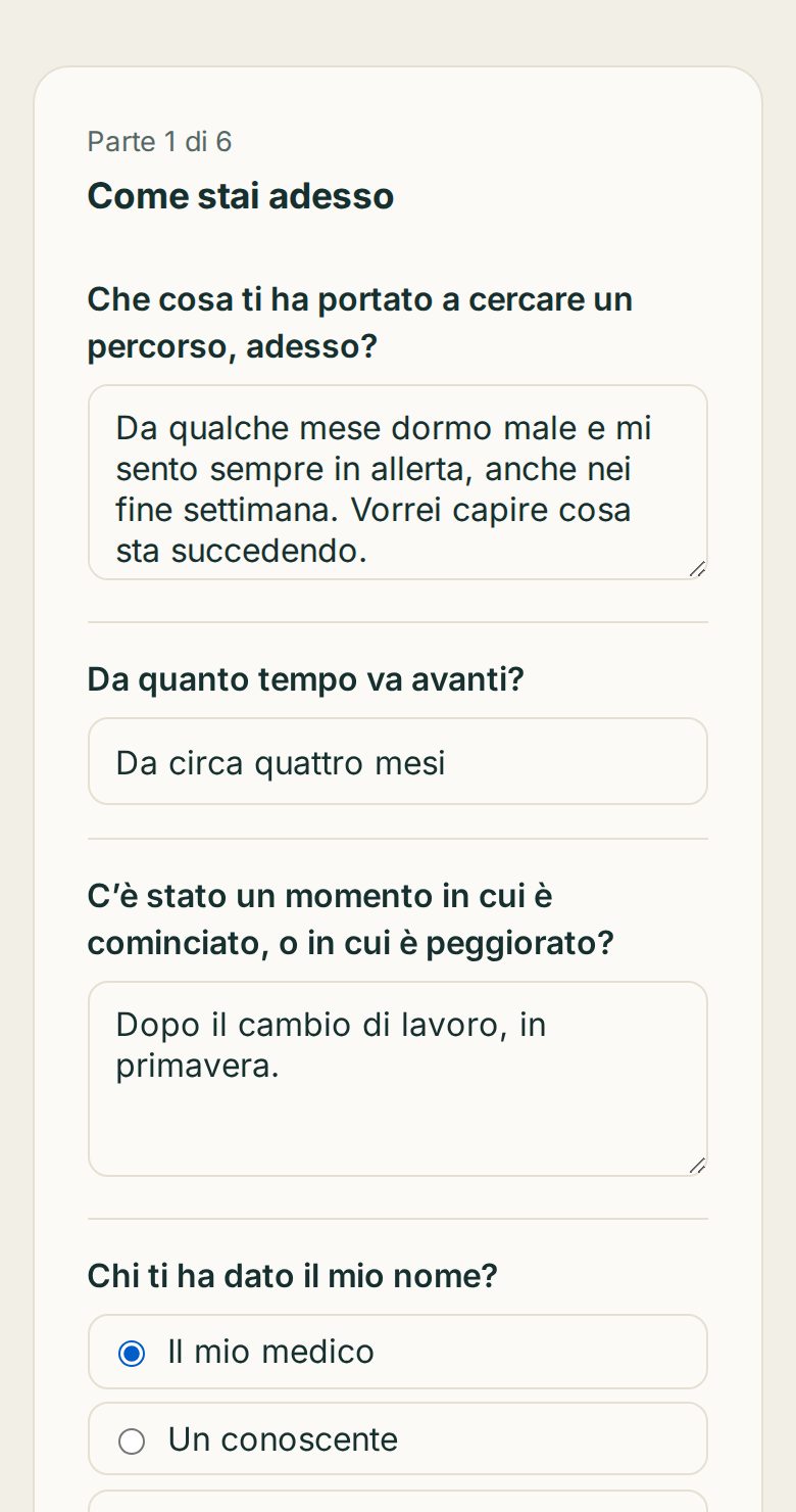 L'anamnesi compilata dal paziente sul telefono: la prima parte, «Come stai adesso», con le risposte scritte da casa.